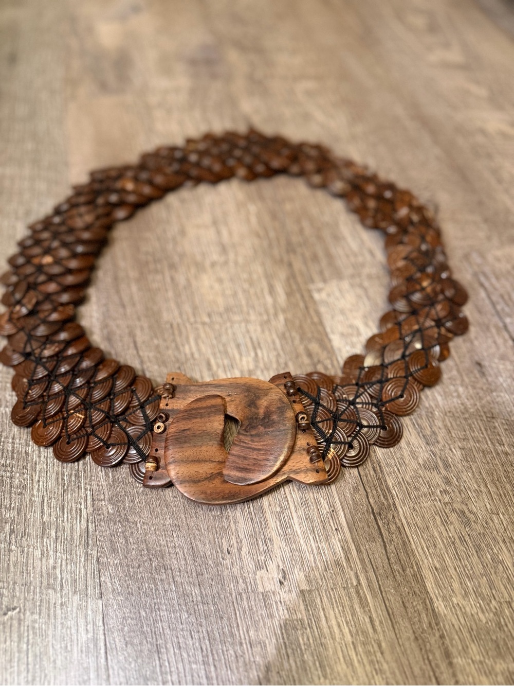 Y2K Boho Coconut Shell Disc Belt Wide Wooden Buckle Brown Artisan